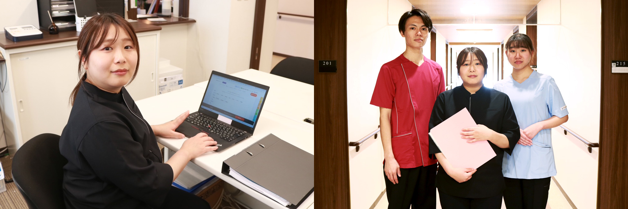 仲間と一緒に働く介護職員のスキルアップしていく様子