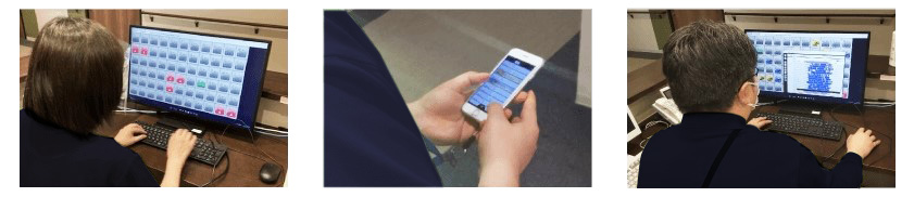 ICT技術で老人ホームの入居者の様子を確認している介護職員の様子